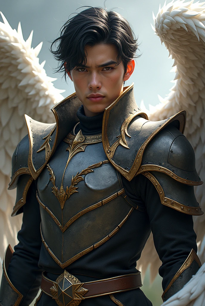 masterpiece, best quality, realistic, ultra detailed, sfw, dungeons and dragons, character design, a young male aasimar, extremely handsome chinito filipino, stylish dark hair, white angel wings, organic "monster hunter" style heavy armor made of dragon scales and horns, dramatic heroic pose,