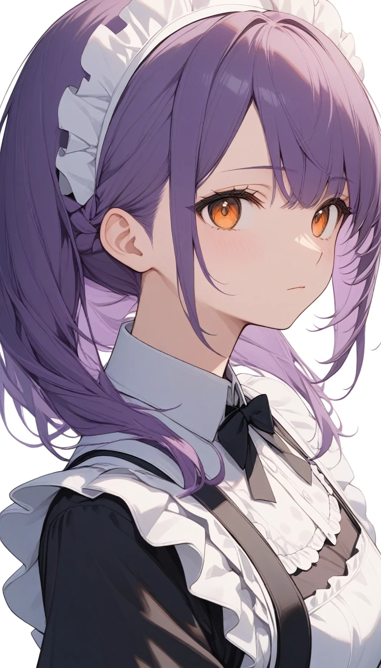 {{masterpiece}}, The best quality of life, 超High resolution, Attention to detail, high quality, High resolution, 最high quality, 4K, 8k,Attention to detail,((Purple Hair、Half Up))) 、One person, 1 adult female,((Perfect orange eyes)))((White background))、(((Classic maid outfit))、Expressionless