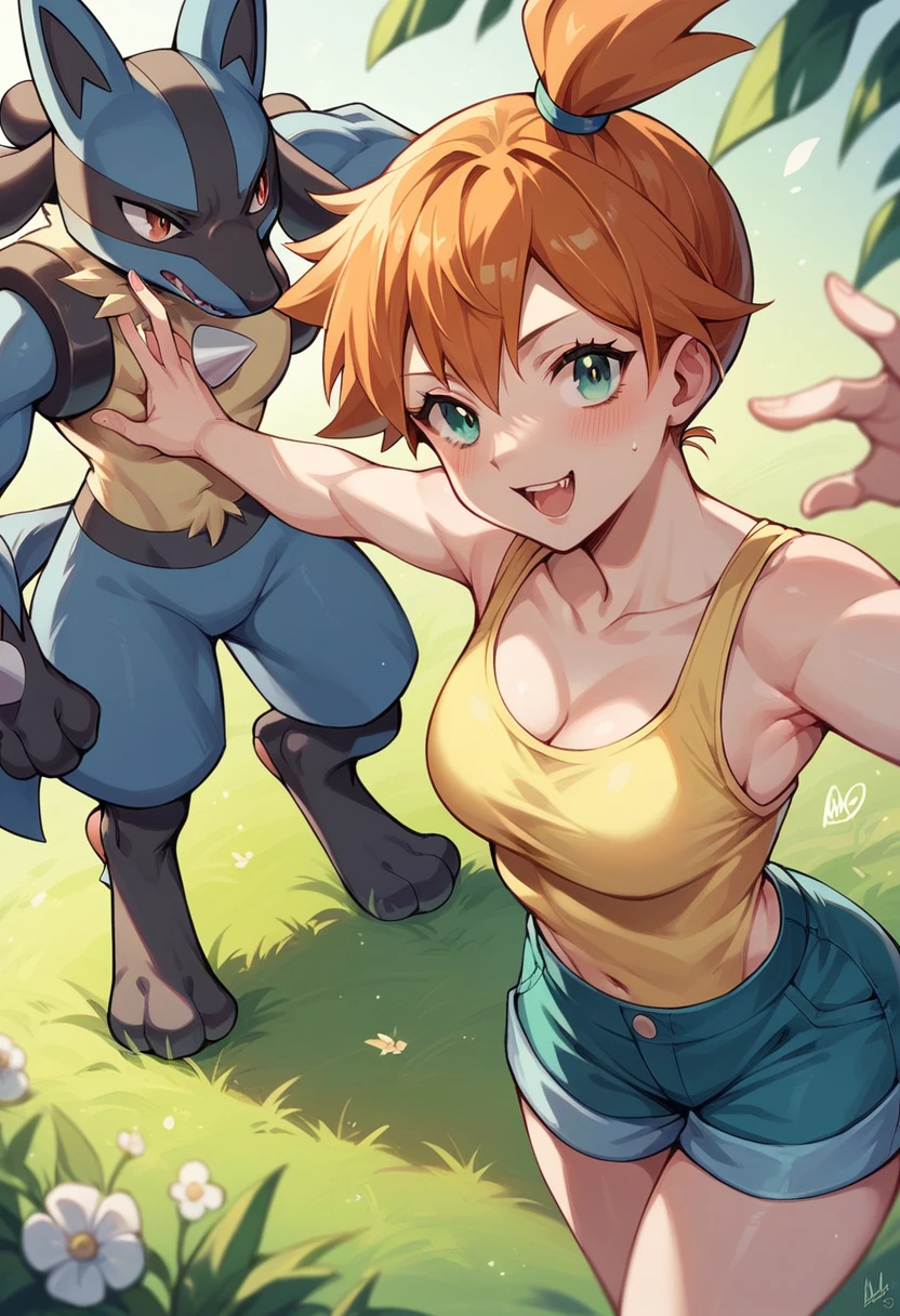 4 character, 1 human girl Pokémon trainer Kasumi , she would be surrounded by her 3 Pokémon, 1 lucario pokemon, 1 Machamp pokemon, and 1 Eevee pokemon, she is in a field training her Pokémon