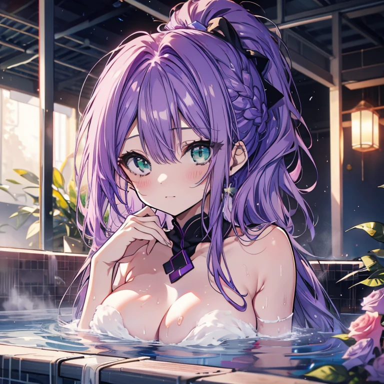 1 person、Mature、Ample breasts、Long Hair、Purple Hair、ponytail、Braid、Emerald green eyes、Long Hair、naked、Embarrassing、Nipples、Areola、Blushing、Sweat、bath、豪華なbath、night、広いbath、Lots of roses、むき出しのNipples、High resolution、Highest quality