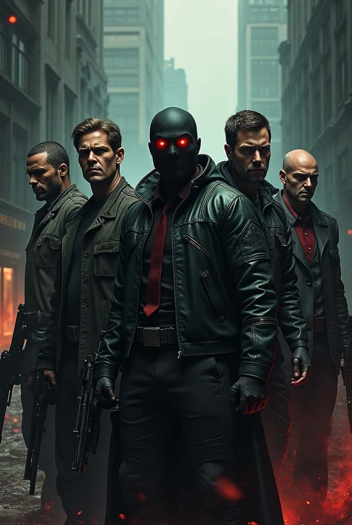 Begraund colour is nion green and light sky-blue. Five mans is gangster half photos , mans eyes is red colour, begraund in danger logo , all man face is angry,