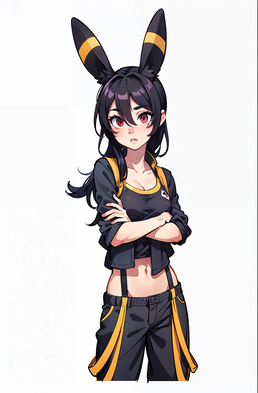 beautiful detailed eyes, beautiful detailed lips, extremely detailed eyes and face, long eyelashes, 1girl, breast focus, hand on hip, medium breasts, midriff peek, black vest, see-through white tops, Umbreon ears, red eyes, yellow suspenders, (best quality,4k,8k,highres,masterpiece:1.2),ultra-detailed,(realistic,photorealistic,photo-realistic:1.37),portrait,vivid colors,studio lighting,extremely detailed,professional,dynamic lighting, lingerie