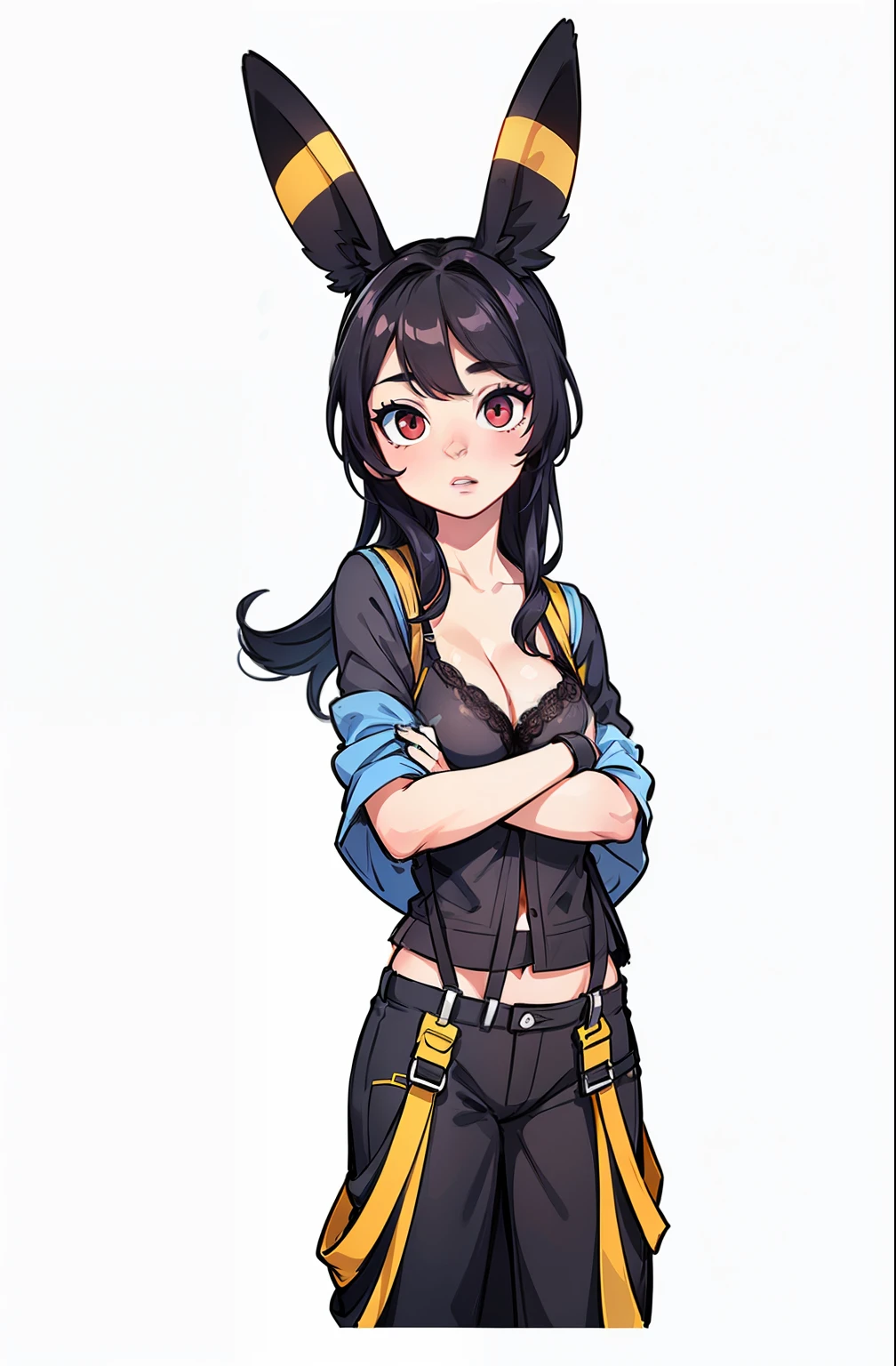 beautiful detailed eyes, beautiful detailed lips, extremely detailed eyes and face, long eyelashes, 1girl, breast focus, hand on hip, medium breasts, midriff peek, black vest, see-through white tops, Umbreon ears, red eyes, yellow suspenders, (best quality,4k,8k,highres,masterpiece:1.2),ultra-detailed,(realistic,photorealistic,photo-realistic:1.37),portrait,vivid colors,studio lighting,extremely detailed,professional,dynamic lighting, lingerie