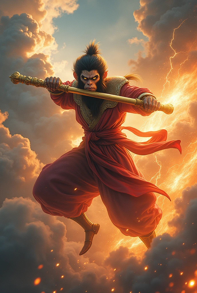 1 Monkey King，Black-haired Son Goku holds a golden stick，Riding on the clouds、((((Golden Eyes of Fire Eyes:1.5))))，((Full golden rod)),Assumes a flaming armored fighting stance，Red ribbon，Clouds of fire spreading at your feet,masterpiece， (Personification, Black-haired Monkey King God, Nyoishinkoubo with mythical staff, Chinese mythology),((Thunderclouds in the background))，clouds，8k，High resolution，Detailed detailed view，Very photorealistic，'Black Myth Wukong