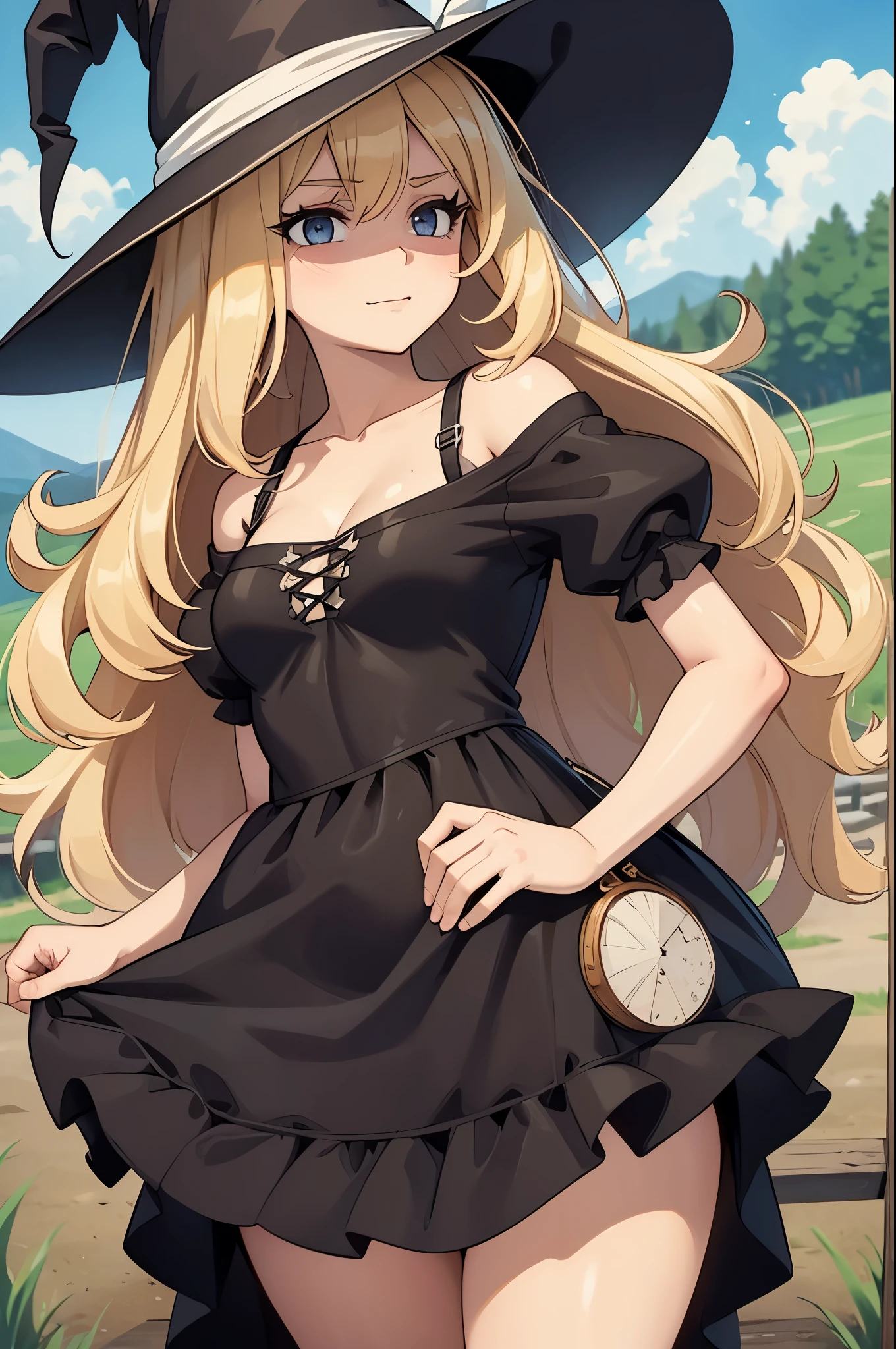 (work of art, offcial art), 1 girl, standing alone, thick, curved, curved, hair blonde, eyes browns, Messy hair, Wavy hair, Side braid, witch, witch hat, (marisa kirisame:1.2), (maid dress), (close up), portraite, (breasts small), standing, view from the front, hinterland, lighting sun, looking ahead at viewer, (trunk), ssmile, seducer, attractive costume, open shoulders