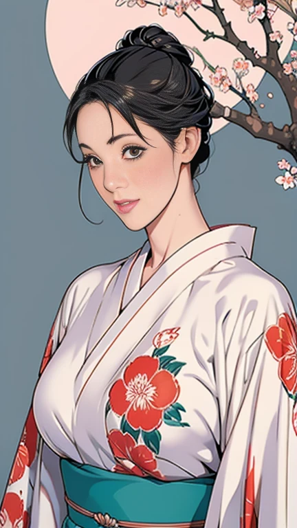 1，Japanese hairstyle，Photorealism，detailed，masterpiece，mature，((full))， (Broad shoulders), ((Huge))，（Beautiful long-sleeved kimono，Kimono，smile，masterpiece，high qualityのAn illustration,, An illustration：Zoe Mozart, pin up art byZoe Mozert, ヴィンテージpin up, ゾーイ・モザートによるAn illustration, girl pin up, pin up girl, pin upポスターガール, pin upガール, pin up, pin upガール,30 years old、high quality，Are standing，High Resolution 4K Information,Kyoto,Cherry tree,