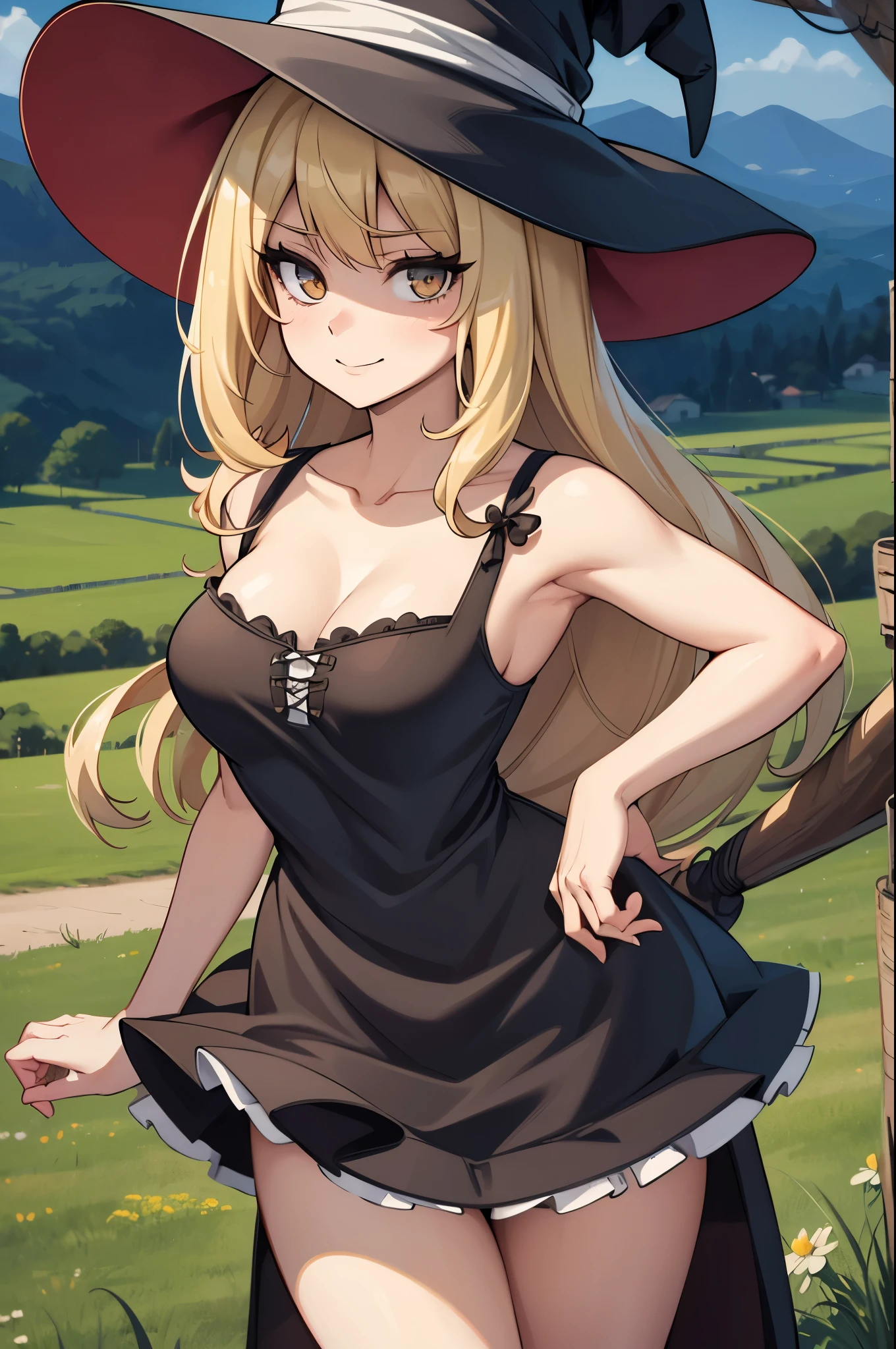 (work of art, offcial art), 1 girl, standing alone, thick, curved, curved, hair blonde, eyes browns, Messy hair, Wavy hair, Side braid, witch, witch hat, (marisa kirisame:1.2), (maid dress), (close up), portraite, (breasts small), standing, view from the front, hinterland, lighting sun, looking ahead at viewer, (trunk), ssmile, seducer, attractive costume, open shoulders