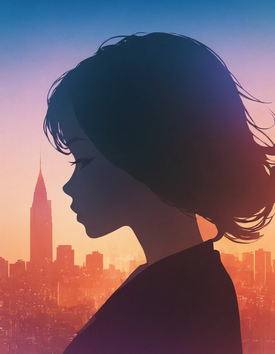 Woman silhouette, City、大City、close, Double Exposure, The background is a gradation、