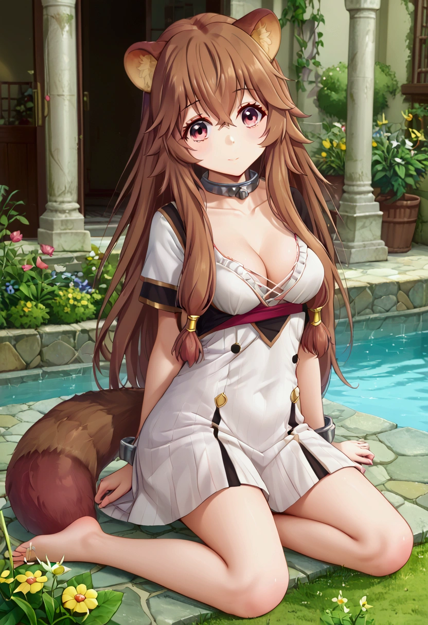 score_9,score_8, ((((perfect face))), (medium breasts), focus breasts, full body view, {looking at viewer},(brown hair), (bangs), (long hair), (animal ears), (raccoon ears), (raccoon girl), (raccoon tail), 1girl, raphtalia, (pink eyes), (detailed eyes), (perfect Eyes), garden, cleavage, outdoors, white dress,) AND um cenario onde a garota comemora o aniversario de 21 anos. uma mesa e um bolo no centro da mesa, sala decorada, a garota do lado da mesa, bolo decorativo com velas com numero 21 representativo aos 21 anos.