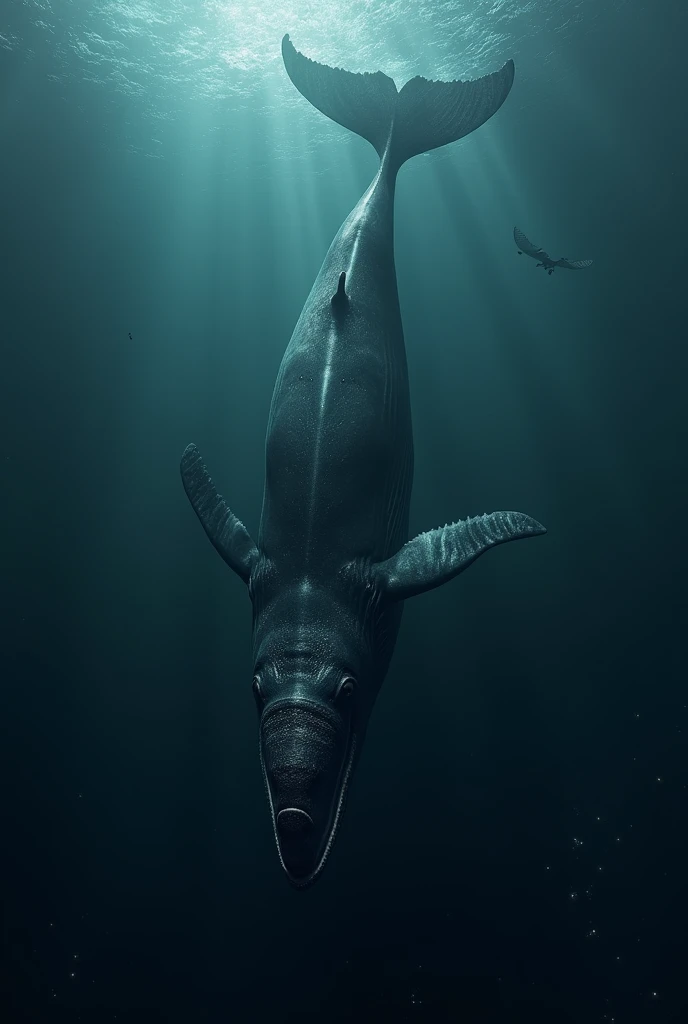 Make a whale that's upsidedown and in the deep ocean . Front view