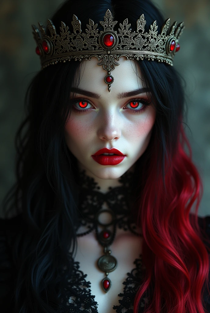 black and red hair vampire girl, clear skin, Red eyes, wearing a crown on his head