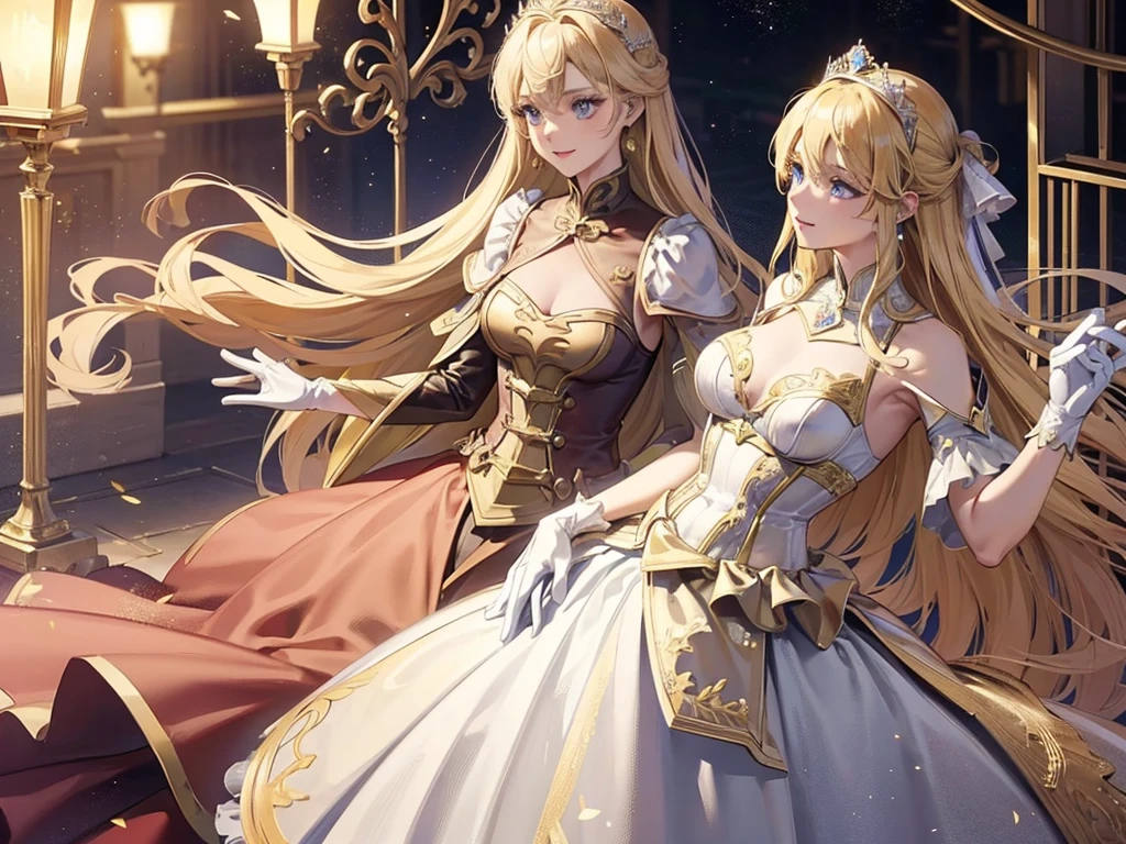 The social debut of lavishly dressed young ladies, 三人のお嬢Mr., Medium Cut, Blonde Hair, Gold decoration, hair ornaments, tiara, (Blue Eyes:1.3), lize, SMILE, smile, Thighs, gloves, Waistline, Earrings, 白いgloves, 指なしgloves, leather trim, White Wedding Dress, ballroom dress, vision(Expert Preference), Leotard Dresses, REST outdoors, REST looking at the viewer, (Cowboy Shot:1. 1. 5)、(masterpiece:1.2)、Highest quality、High resolution、Unity Wallpaper 8k、(An illustration:0.8)、(Beautiful detailed eyes:1.6)、Highly detailed face、Perfect lighting、Highly detailed CG、Mr.々Expression,(Perfect hands、Perfect Anatomy)、