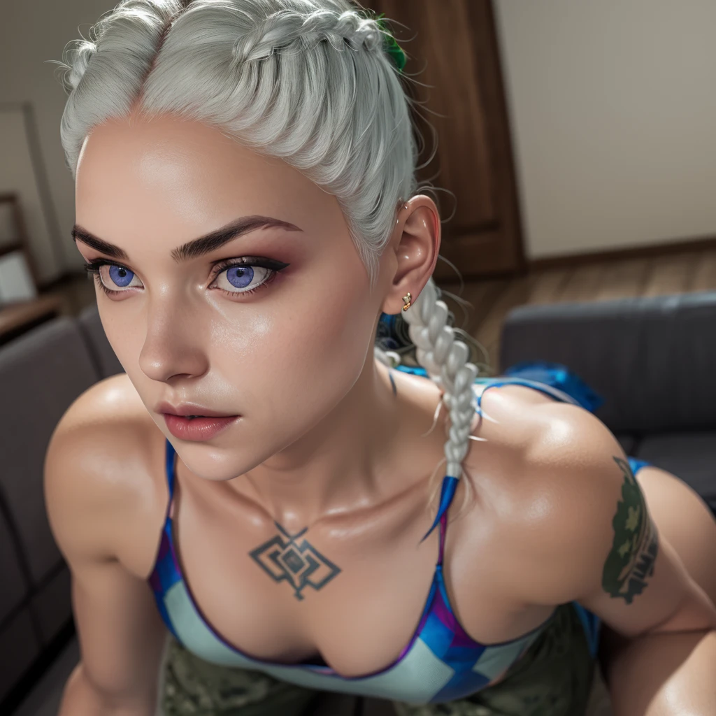 (1girl), full body, izzy, twin braids, shoulder tattoo, wearing green military pants and swimsuit, masterpiece, best quality, detailed, high quality, film grain, high res, highly detailed, hyper realistic, beautiful face, beautiful body, beautiful eyes nose lips,, (high detailed skin:1.2), 8k uhd, dslr, super lighting, high quality, film grain,