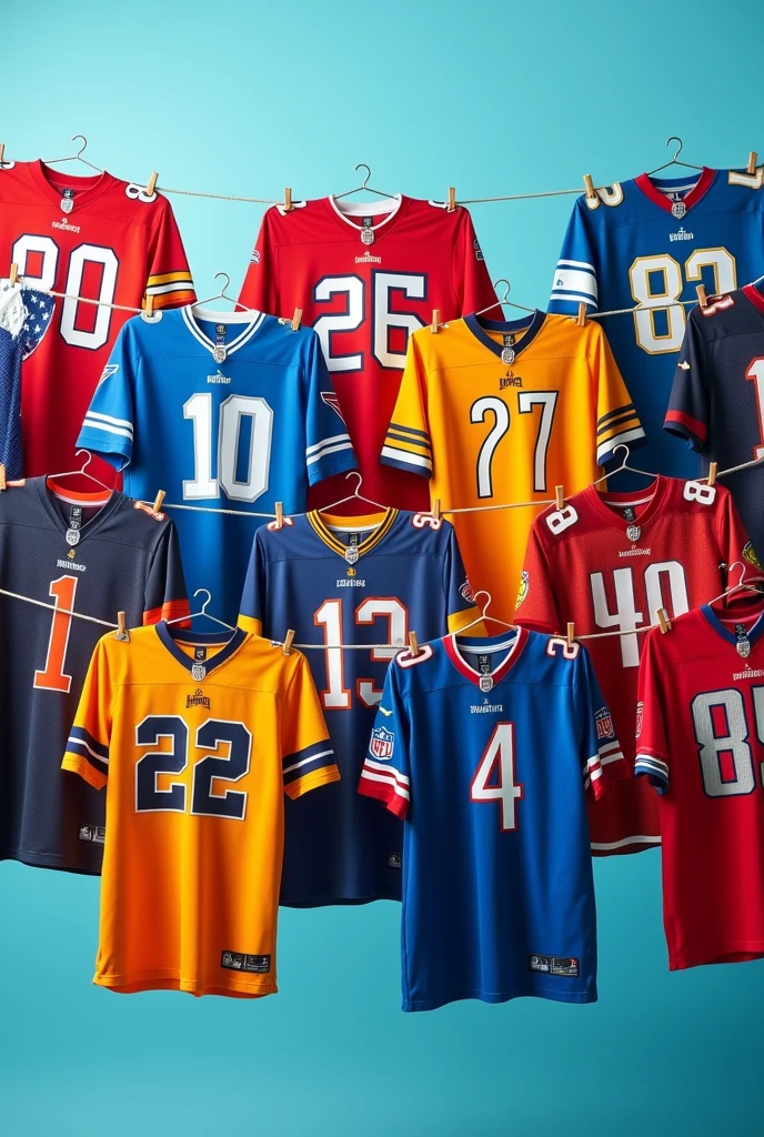 NFL advertisement featuring American football jerseys on a clothesline highlighting the wide variety of colors in the image.