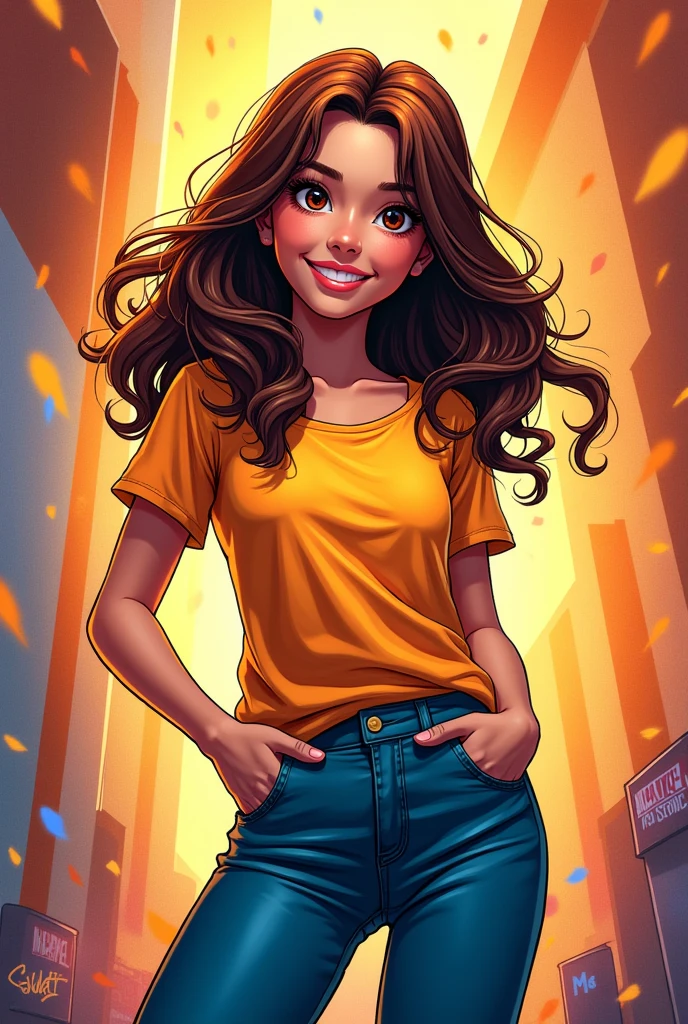 A brown-haired girl, Marvel comic book version.
with casual clothes