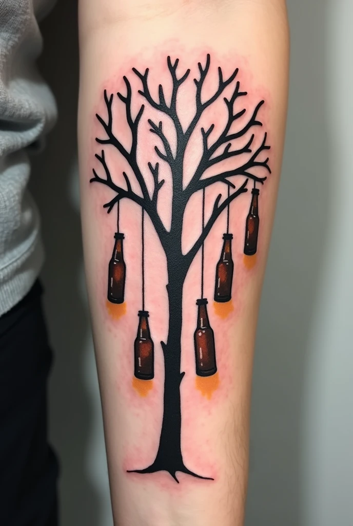 black line tattoo of willow tree with brown beer bottles tied to the ends of the branches
