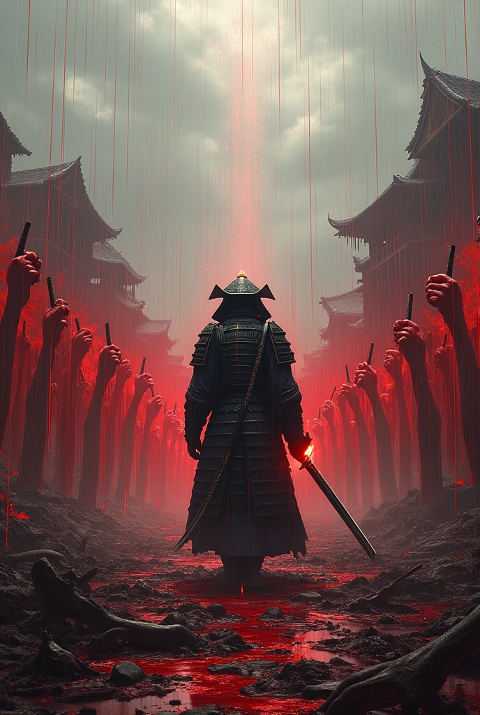 Create a scenario where a samurai on the horizon summons thousands of red arms holding katanas that come out of the ground, the scene takes place in a destroyed village that rains blood 