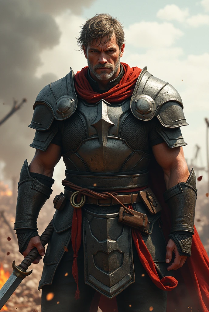 Young middle-aged warrior with short wavy hair