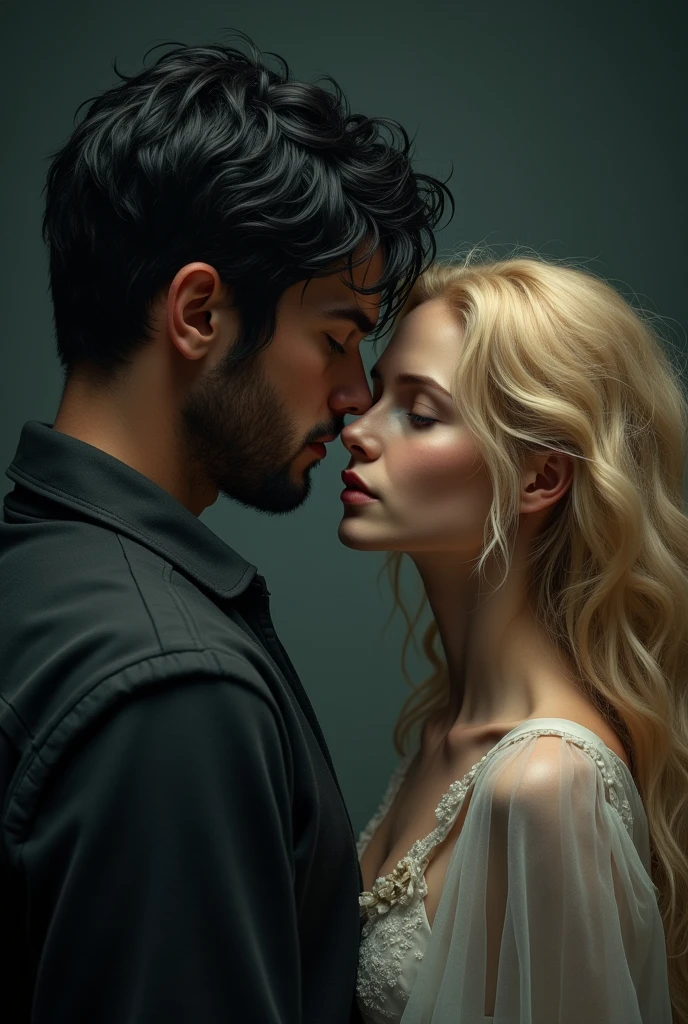 man and woman, the man has to have black hair, Tez blanca, Without beard, blue eyes, high, the woman has to have blonde hair, Tez blanca, eyes the color of honey, angelic appearance, They both look at each other in pain, dark background