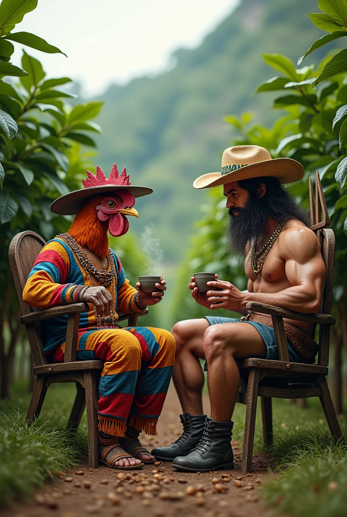 Mutant chicken crazy dressed as a Colombian drinking coffee sitting on a Rimax brand chair with Poseidon with his muscular trident at his side drinking coffee in Colombian clothes in a coffee plantation 
