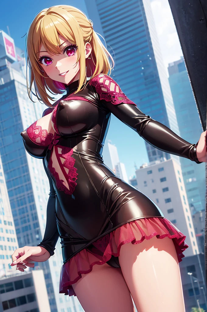 NSFW, (girl),((optimal quality)), ((Masterpiece)), (A detailed: 1.4),face red,perspire The ultimate masterpiece,(fidelity:1.2),(y),(Huge chest), Open crotch, Open legs, (Smooth: 1.1), (Cutes: 0.9), (shiny: 1.1),, red lips, cute girl, anime, cute pose, super small translucent lace lingerie,g string mini thong, (big brebig ass, detad lines, 8k image, no blur, perfect realistic nipples, sexd smile, tic, super small seor,detailed realistvagina, michievous smile, hottel in the world, dominant gestures, super small short top of a building, tights, blonde, cutest girl on earth, micro super small bra, lightgantz like suit, dark pink eyes, (half naked,) ruby from oshi no ko anime