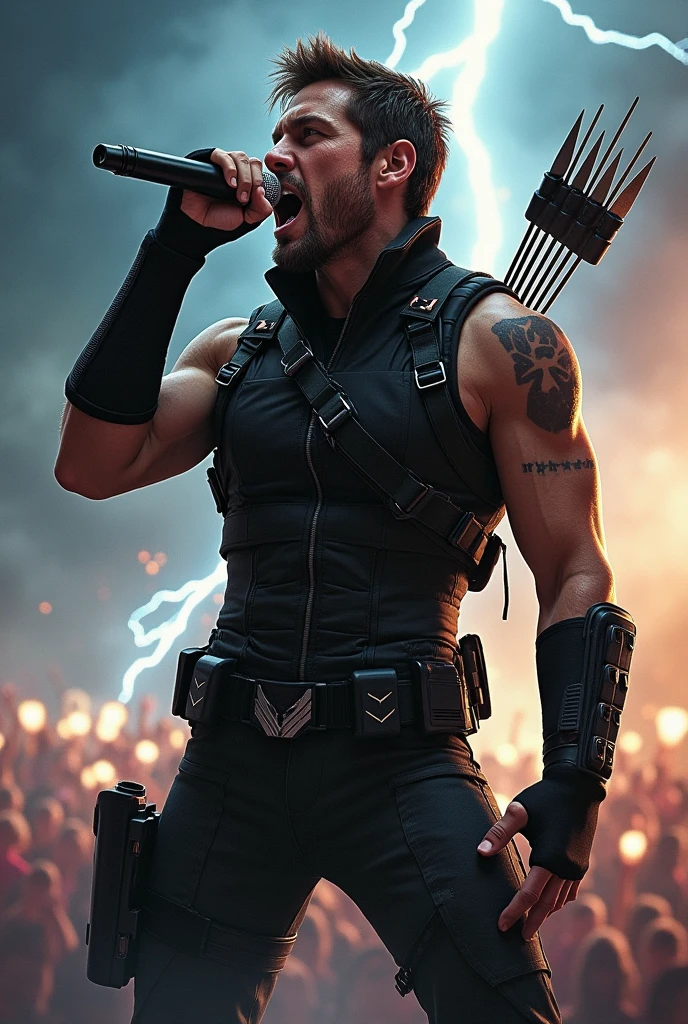 Rock Hawkeye marvel holding the mic singing with a background of thunder and a very rock vibes.