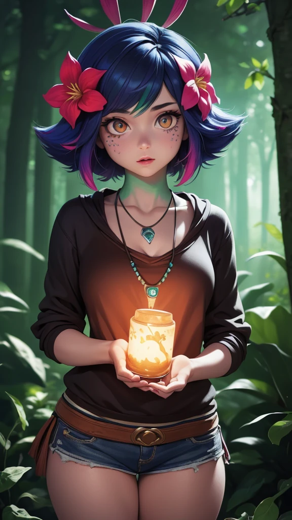 masterpiece,(best quality,top quality,8k),ultra detailed,illustration,painting,detailed eyes and face,1girl,neeko,facial marks, hair ornaments, hair flower, necklace,brlack shorts, (black sweatshirt:1.1),(short hair), pretty girl, beauty skin, ultra high res, raw photo , detailed body , (looking at viewer ),(puffy eyes) ,good contrast , high sharpness,(gorgeous),realistic,RAW Photography,(hyperdetailed:1.2),forest,night
