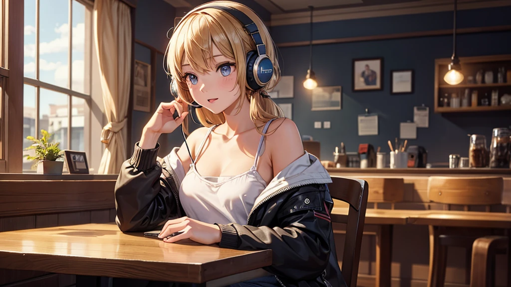Girl with headphones enjoying music in a cafe I am studying Emphasize a little bit of the chest