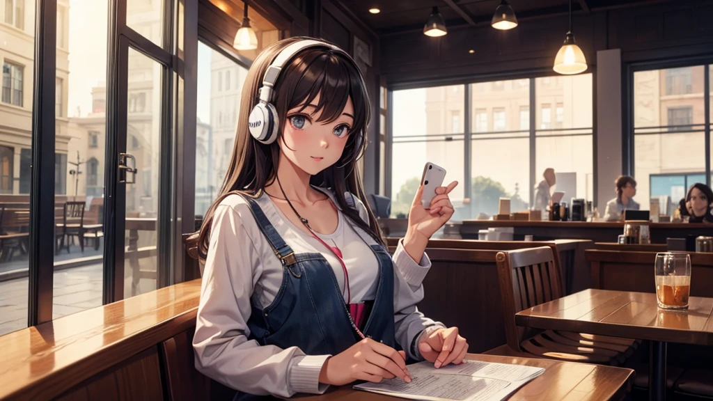 Girl with headphones enjoying music in a cafe　I am studying　Emphasize a little bit of the chest