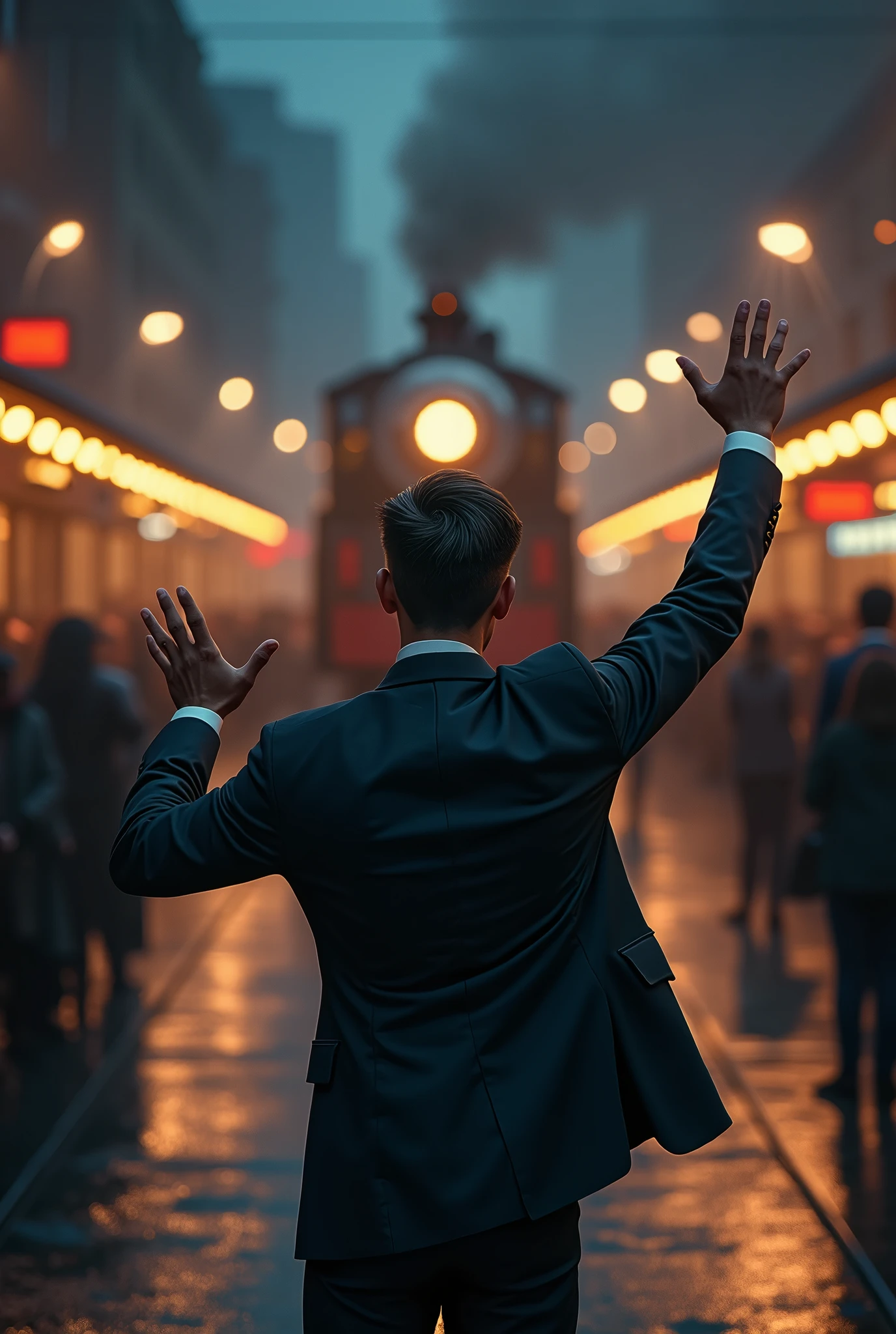 (photorealism:1.2),From a distance, a very handsome young man wearing a bat suit was seen waving his hand as a farewell greeting.(sad facial expression looking at the departing train with a 360° view), at the train station, crowded with people, lights at night, wagon