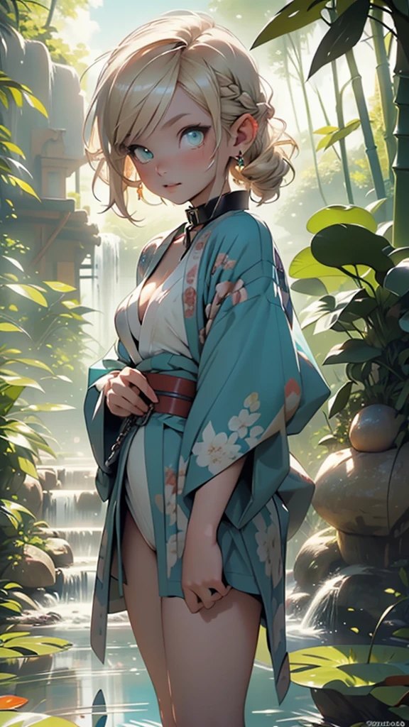 1girl,(1girl:1.5),((-yeld:1.eenager)),elf,(elf ears),(blonde archer),

,

((small breasts:1.4,fluffy breasts)),((blonde hair:1.5,short detailed hair,short blonde hair with a braid,braid adorned with white flowers)),(((turquoise_eyes:1.3))),intricate eyes,beautiful detailed eyes,symmetrical eyes,big eyes:1.5,((girl body,good anatomy,accurate body proportions,))),

happy,((nsfw)),cute,

(short turquoise kimono,half-naked kimono:1.5),((brown wolf fur coat)),(bandages on his hands),(moon earrings),(ornamental bandages on  arms),(((slave collar,Long chain leash connected to her collar,shackles))),(((intricate outfit,intricate clothes))),

(dynamic pose:1.0),embarrassed,(centered,scale to fit dimensions,Rule of thirds),

outdoors,(waterfall,bamboo,river,bamboo forest,japanese temple,red lanterns burning,temple in the forest,mossy stairway in the temple,dilapidated temple,bamboo sanctuary,),scenery,extremely scenery,(puddles everywhere,moss,moss on the background),clouds,lily pads,(sunset, golden hour),

(Glossy japan ornaments),highres,sharp focus,(ultra detailed,extremely detailed),(photorealistic artwork:1.37),(extremely detailed CG unity 8k wallpaper),(((vibrant colors,vibrant theme))),(intricate),(masterpiece),(best quality),artistic photography,(photography taken by sldr),(intricate background),perfect rendered face,perfect face details,realistic face,photo realistic,((intricate detail)),(((realism))),
