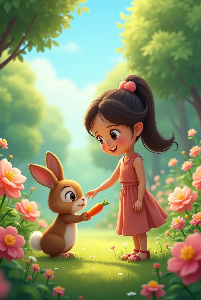 A young girl named Marium playing in a lush garden, surrounded by flowers and trees."
A cute rabbit hiding under a plant in the garden, with the young girl spotting it from a distance."
The young girl gently approaching the rabbit, extending her hand and calling out with a friendly smile."
The rabbit cautiously looking at the girl and then slowly moving closer to her."
"The girl holding the rabbit in her arms and offering it a carrot."
The rabbit looking happy and playing with the girl in the garden."