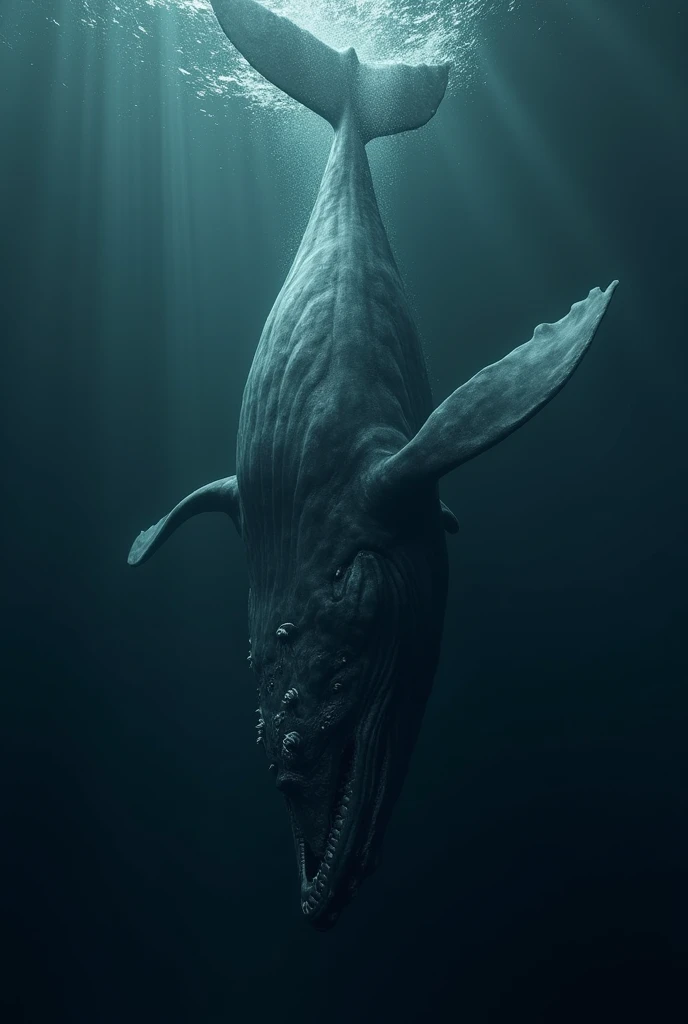 Make a whale that's upsidedown and in the deep ocean . Front view