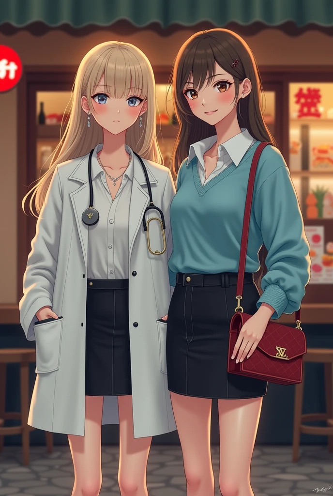 (two women), ((1 woman is French, 1 girl Japanese with standing)) , front sushi restaurant , noon ,from Front view, looking at viewer, ((ung French White girl:1.3)) ( blond hair, long hair, gray eye, little lip , earring neckless, black eyeglass), (White Doctor costume, White blouse, Black miniskirt, black hi-heal), ((1 Japanese Girls):1.3) ,(20-year-old),( Beautiful Eyes, Light brown straight short hair, fringe, Faint lips),(earring, neckless) , (White Shirt, sky blue seater, Black miniskirts), black HI heal) , Louis Vuitton Red shoulder-bag, lady's watch of Seiko, (masterpiece, highest quality, High resolution, Photo realistic, sharp, RAW Photos, 8k wallpaper, perfection, Professional Lighting, Very detailed)