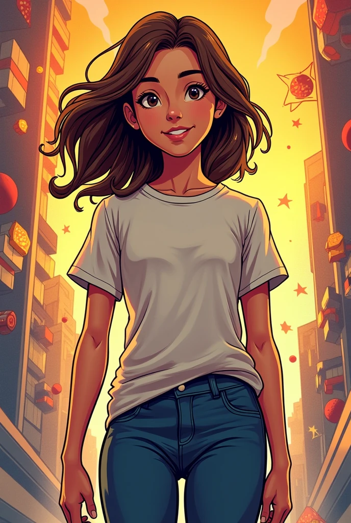 A brown-haired girl, Marvel comic book version.
with casual clothes