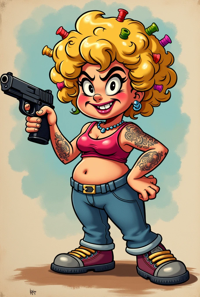 Drawing of Dona Florinda from the television series EL CHAVO holding a firearm and with colored curlers in her hair with an evil face and tattoos on her body. The woman must have blonde hair and look like the character Dona Florinda from the series Chaves in Animated Cartoon produced by Roberto Gómez Bolaños.