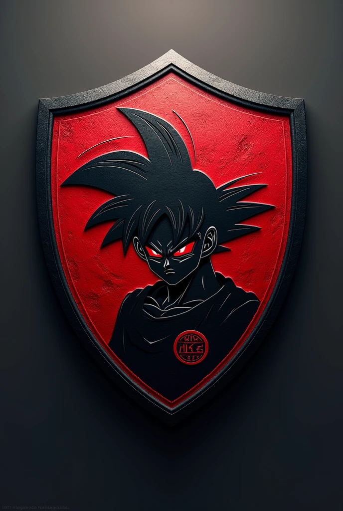 "Create a round football shield in a modern style with black and red colors. Place an image of Evil Goku at the center of the shield. Above the shield, include the team name 'White DKS,' and below the shield, add the text 'Rei dos Passes.' Ensure the design is sharp and in high-definition 4K."