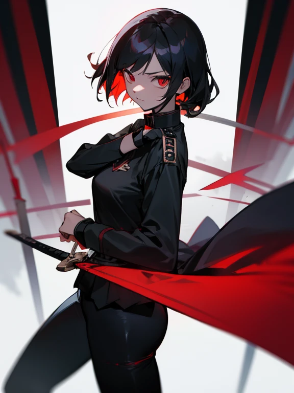 A female swordman,red sharp eyes,black uniform with collar and two-folded uniform,leggings,((arming with a longsword)),slender,tall,