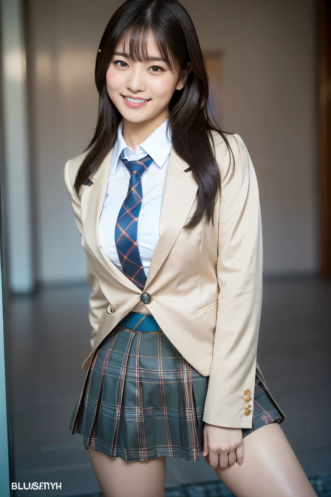 (8K), (highest quality: 1.2), (Realistic), (Realistic: 1.37), Ultra-high resolution, 3 girl, cute, (Embarrassed smile:1.2), (Blushing:1.4),Mouth closed, Beautiful details, Beautiful Nose, (white gold color straight Hair), giant dulcefo, pork, Thighs,Navel exposed,University Student Uniform,A simple blazer,Pleated skirt,(The skirt and tie are tartan check pattern.:1.3), (standing on a kingdom:1.2),(Shiny Thighs:1.4), (medium shot :1.2),(from behind:1.3),(スカートの中に黒いホットパンツを履いている:1.5), (super low angle:1.5)