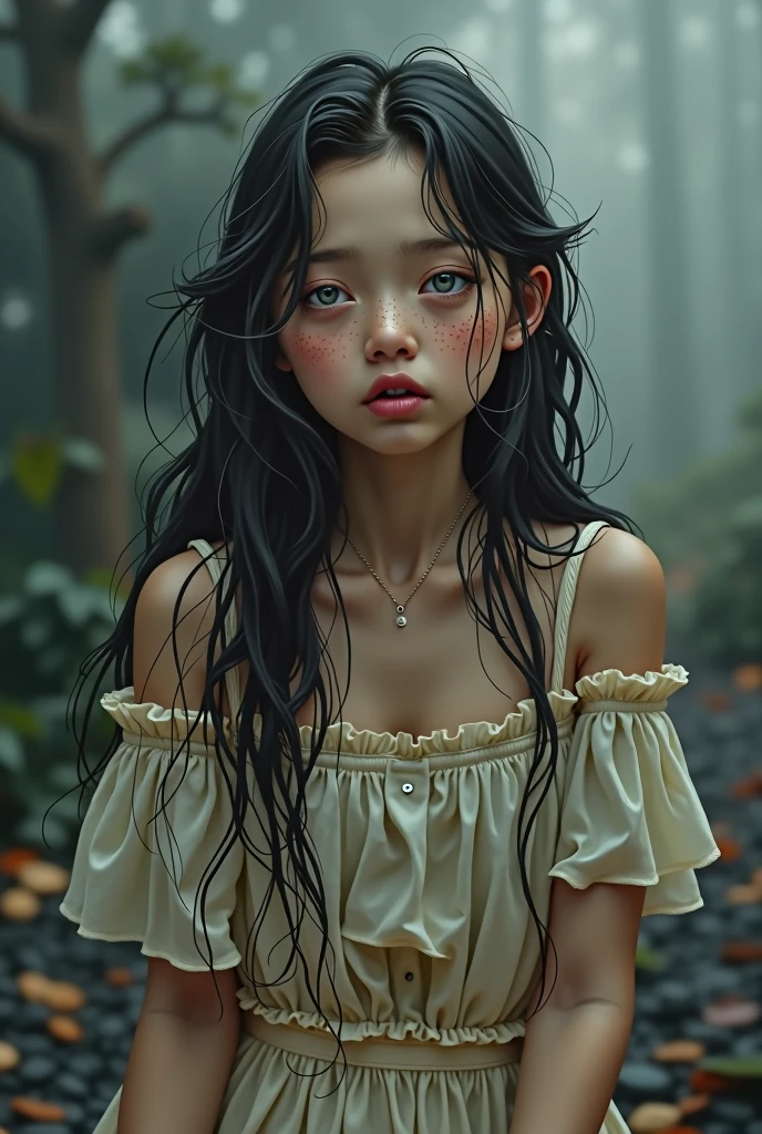 A girl with freckles, long hair below her butt and light skin in a strange country with a different language who looks lonely, sad, scared and as if she didn&#39;t belong to that world in the United States, who looks like a drawing, a little more like a caricature, like a human and that&#39;s how she feels her sadness and fear.