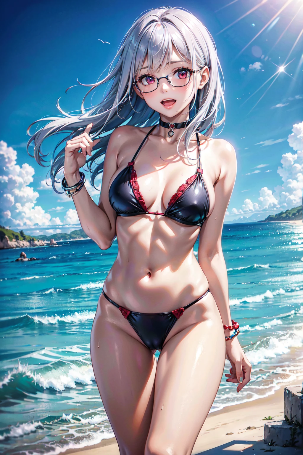 masterpiece, Superior image quality, High resolution, 4k image,Photo and gross, photorealistic, 1 young girl of 1, standing, {Alone},{{{vagina}}}, beautiful face, long silver hair, scarlet red eyes, very detailed eyes, shy expression, draw smile, open mouth, Glasses, choker:1.6, blue swimsuit, bracelet, sensual lips , show details in the eyes, view from front, playa,  beach with sea view, at daytime