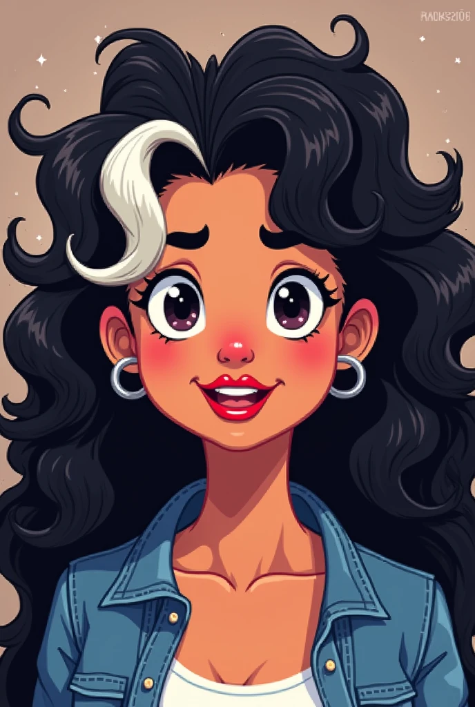 brunette woman, black person hair curly kinky layered long defined white streak, chubby, denim clothing, Brown eyes, reddened mouth, dark eyes, big and wide face, Disney pixel animation style wide nose
