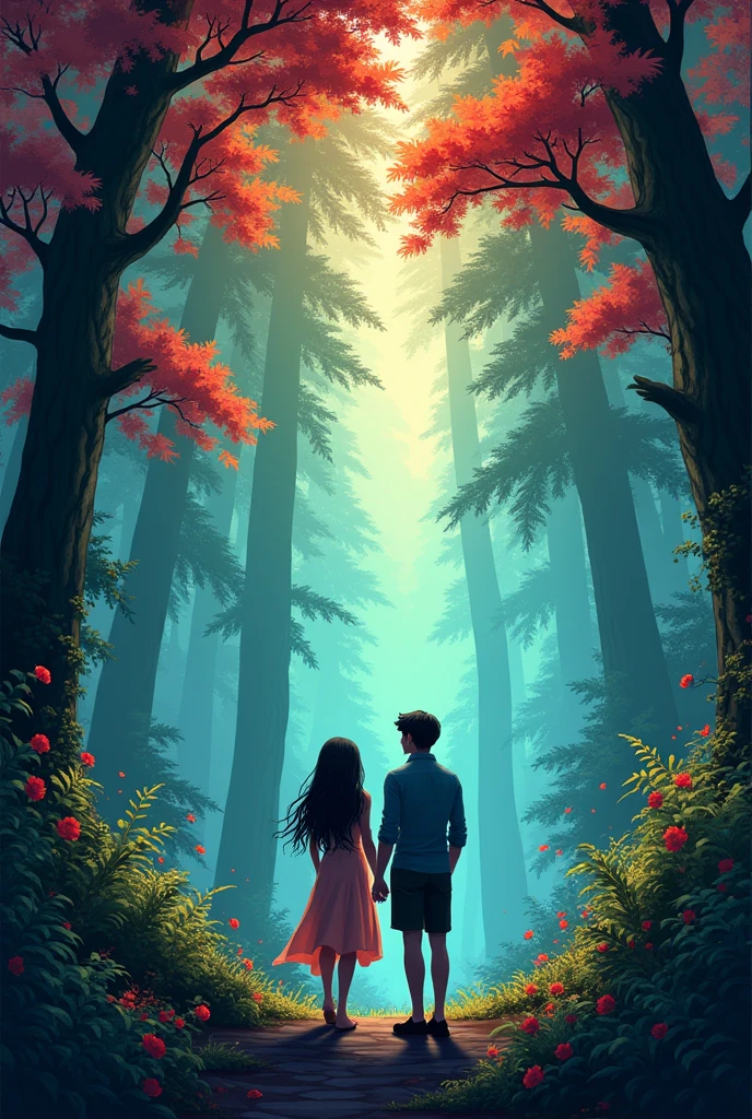 a  Liz and Jhon Luis a young man on the edge of the Enchanted Forest, with towering trees and bright leaves of different colors. u v 