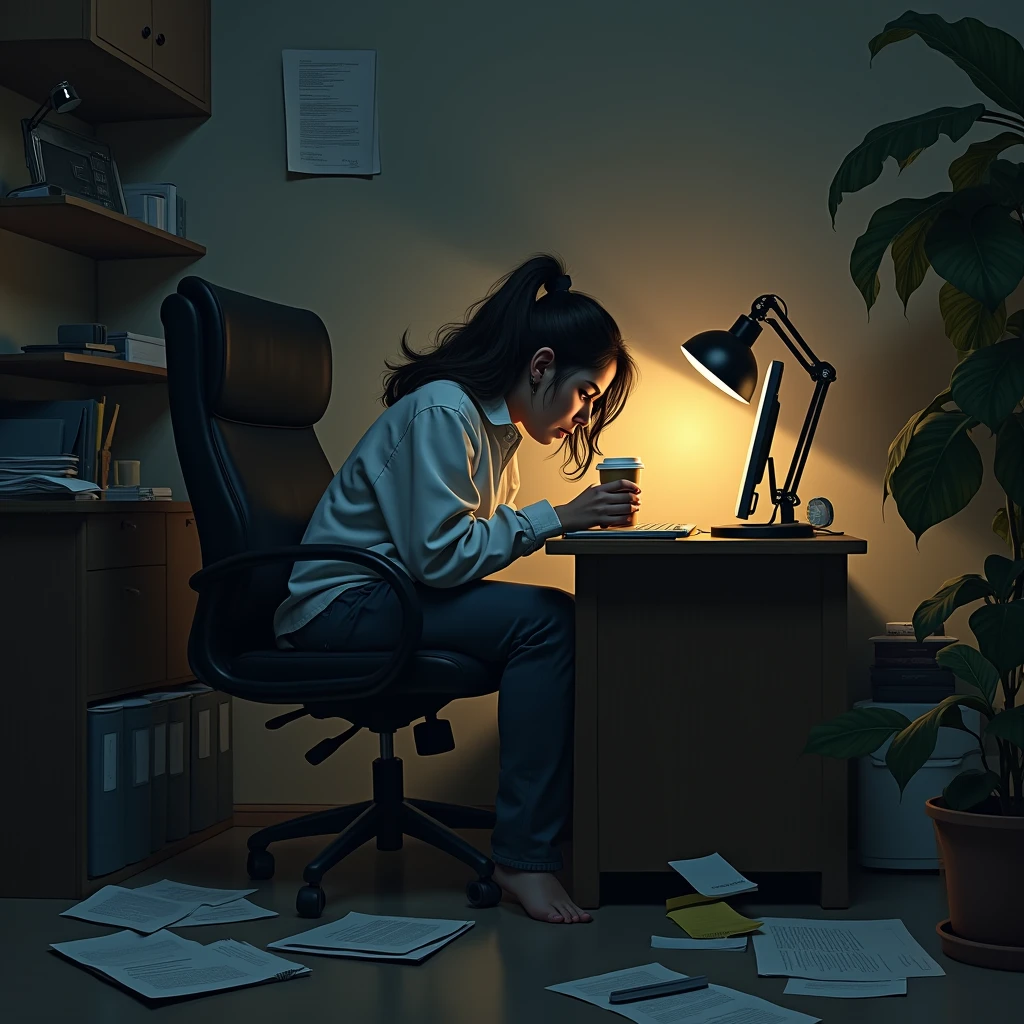 woman, with an expressive face, insomniac face, person lying all crooked in a chair, sitting inappropriately in the chair when using the computer, drinking too much Starbucks coffee, messy office, poorly lit environment, only light from a table lamp