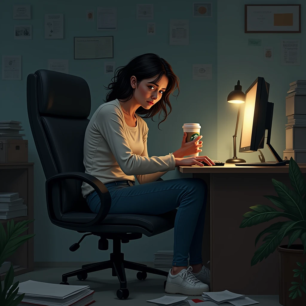 woman, with an expressive face, insomniac face, person lying all crooked in a chair, sitting inappropriately in the chair when using the computer, drinking too much Starbucks coffee, messy office, poorly lit environment, only light from a table lamp