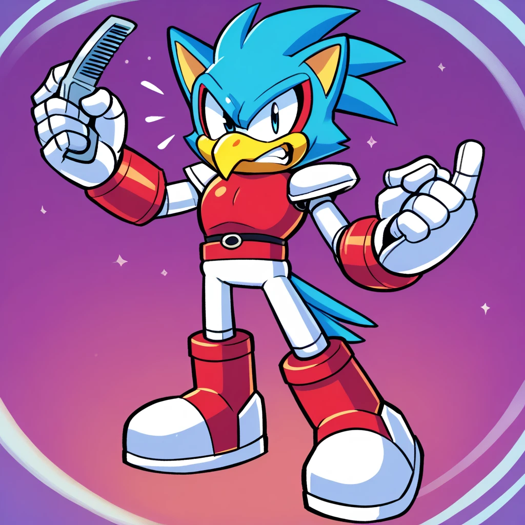 The character on the left is a large, robotic cat-like figure. This character has a bulky body, light blue fur, and red armor. The head is cat-shaped with pointy ears, and the face is covered with a metal-like mask. The character's expression appears determined or angry, with its fist raised in the air.
The character on the right is a bird-like robot. This character has a yellow beak, red comb-like hair, and white wings. The body is mostly light blue with some white, and the character's wings are raised, possibly in an expressive or alarmed pose. The expression on its face appears to be one of surprise or excitement.
These characters seem to be from an older animated show, possibly from the late 1980s or early 1990s, based on the art style. The design indicates that they are robotic or mechanical in nature.