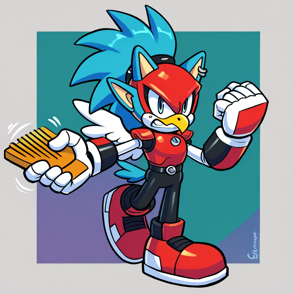 The character on the left is a large, robotic cat-like figure. This character has a bulky body, light blue fur, and red armor. The head is cat-shaped with pointy ears, and the face is covered with a metal-like mask. The character's expression appears determined or angry, with its fist raised in the air.
The character on the right is a bird-like robot. This character has a yellow beak, red comb-like hair, and white wings. The body is mostly light blue with some white, and the character's wings are raised, possibly in an expressive or alarmed pose. The expression on its face appears to be one of surprise or excitement.
These characters seem to be from an older animated show, possibly from the late 1980s or early 1990s, based on the art style. The design indicates that they are robotic or mechanical in nature.