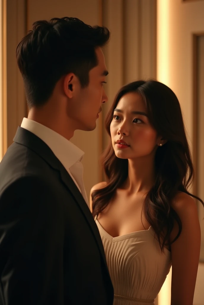 a very handsome male ceo, tall with a good body (Asian face) looking at a beautiful woman with wavy hair very beautiful , Asian face , wearing casual clothes poster, cinematic, warm picture, woman standing in front of man , men look expectantly at women at women