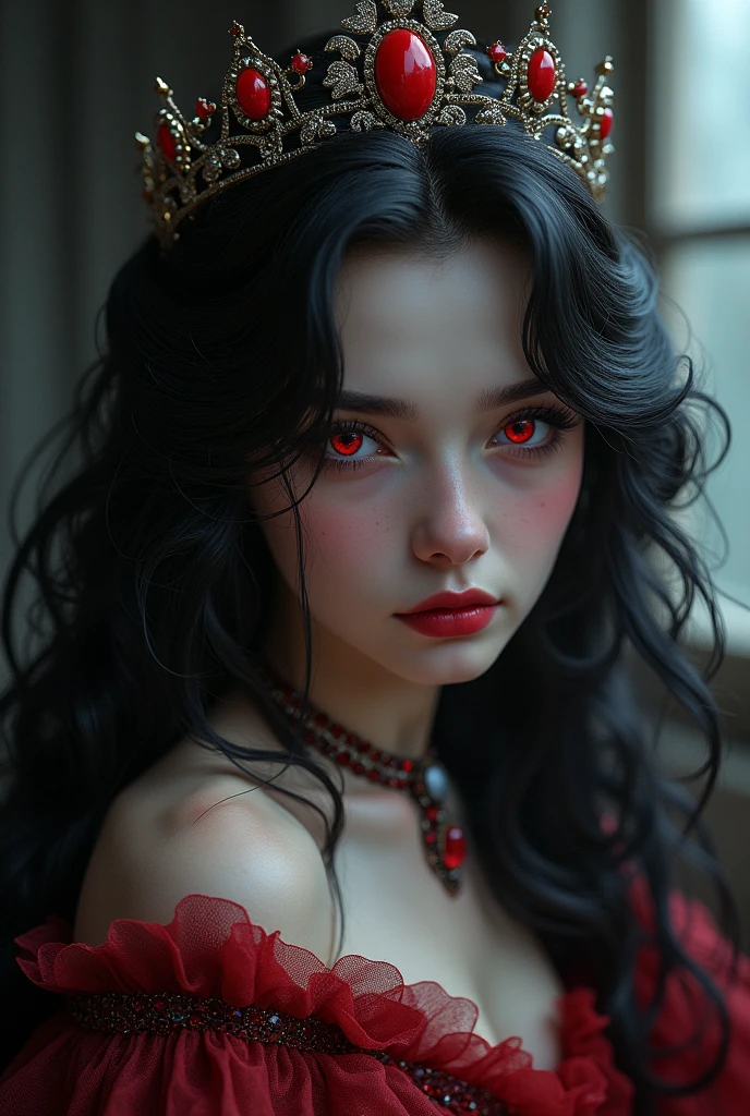 beautiful vampire girl with black and red hair, clear skin, Red eyes, wearing a crown on his head