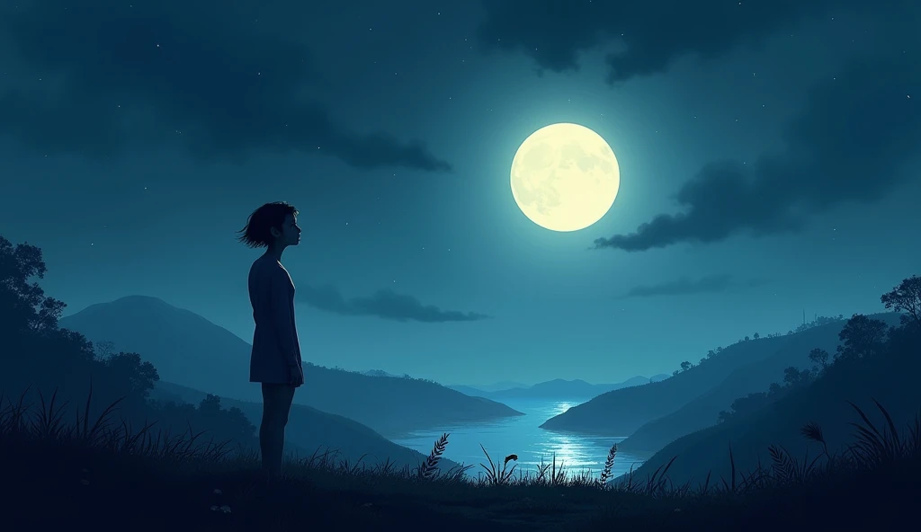 A captivating photograph of a night sky with a prominent, glowing Moon casting a gentle light over a serene landscape. The foreground features a person gazing thoughtfully at the Moon, with soft, introspective lighting and a calm, reflective atmosphere. --ar 16:9